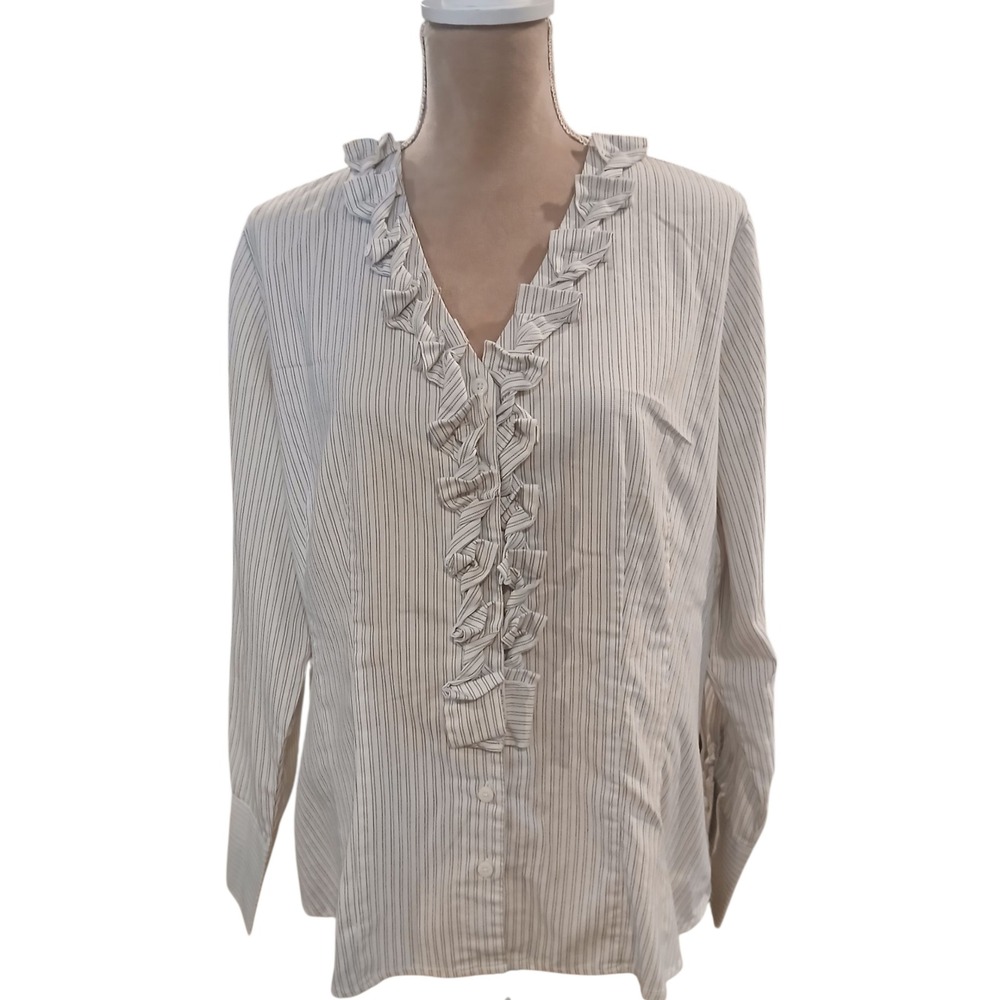 Worthington Woman 1X White Black Pinstripe Ruffle V Neck Long Sleeve Shirt